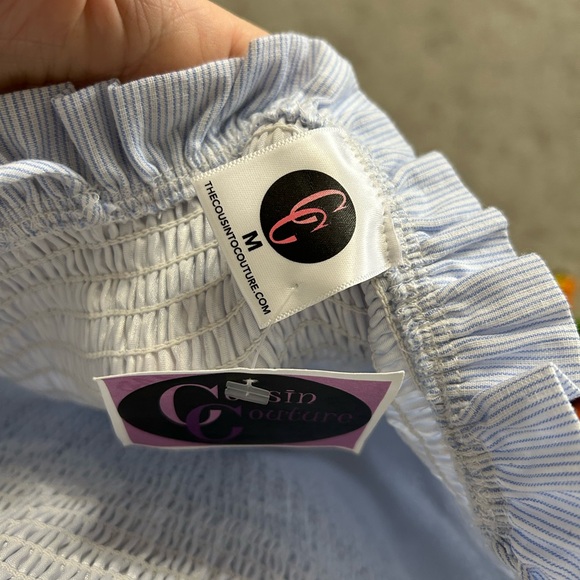 Cousin Couture Smocked Mini Dress Light Blue Pinstripe Ruffle Tie Straps M - Picture 5 of 9